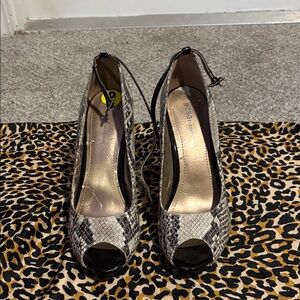 BCBGeneration Gray and Black Snake-Print Peep-Toe Heels